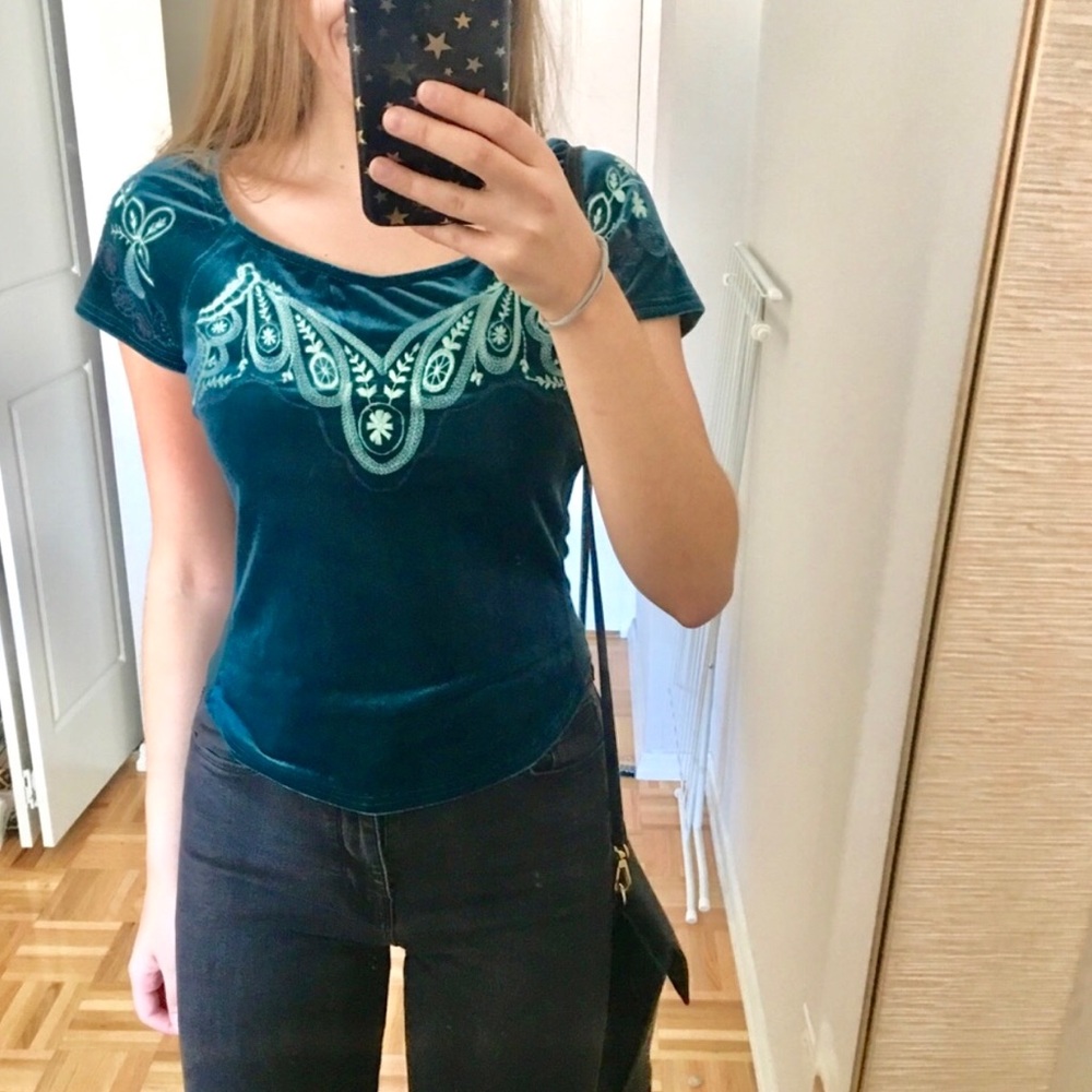 NWT Free People Embroidered Dark Teal Velvet Short Sleeve Top